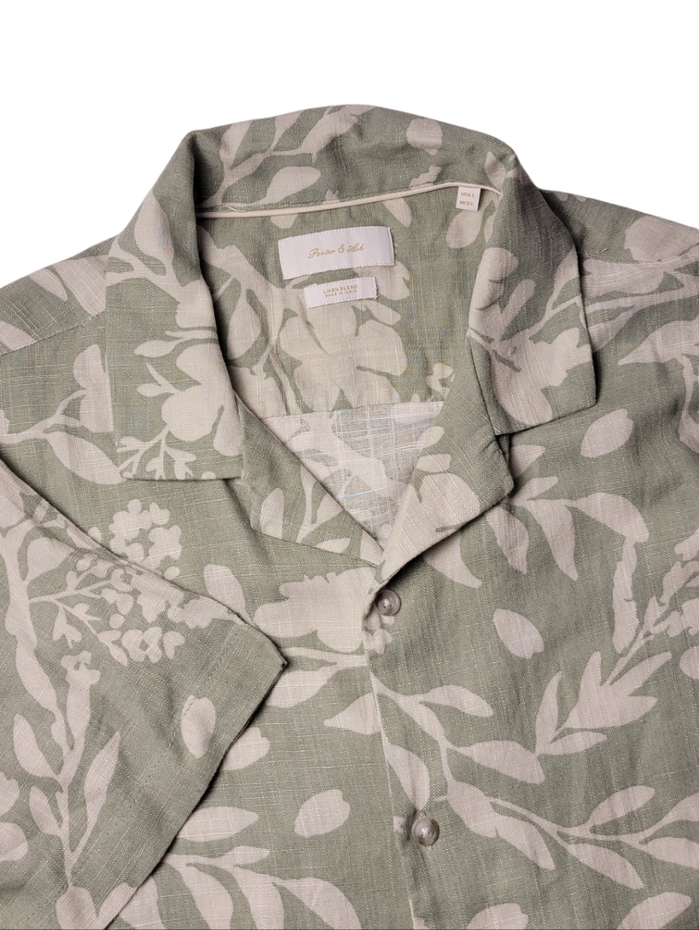 Porter & Ash Sage Green & Cream Floral Linen Blend Camp Shirt L​ - Picture 6 of 6